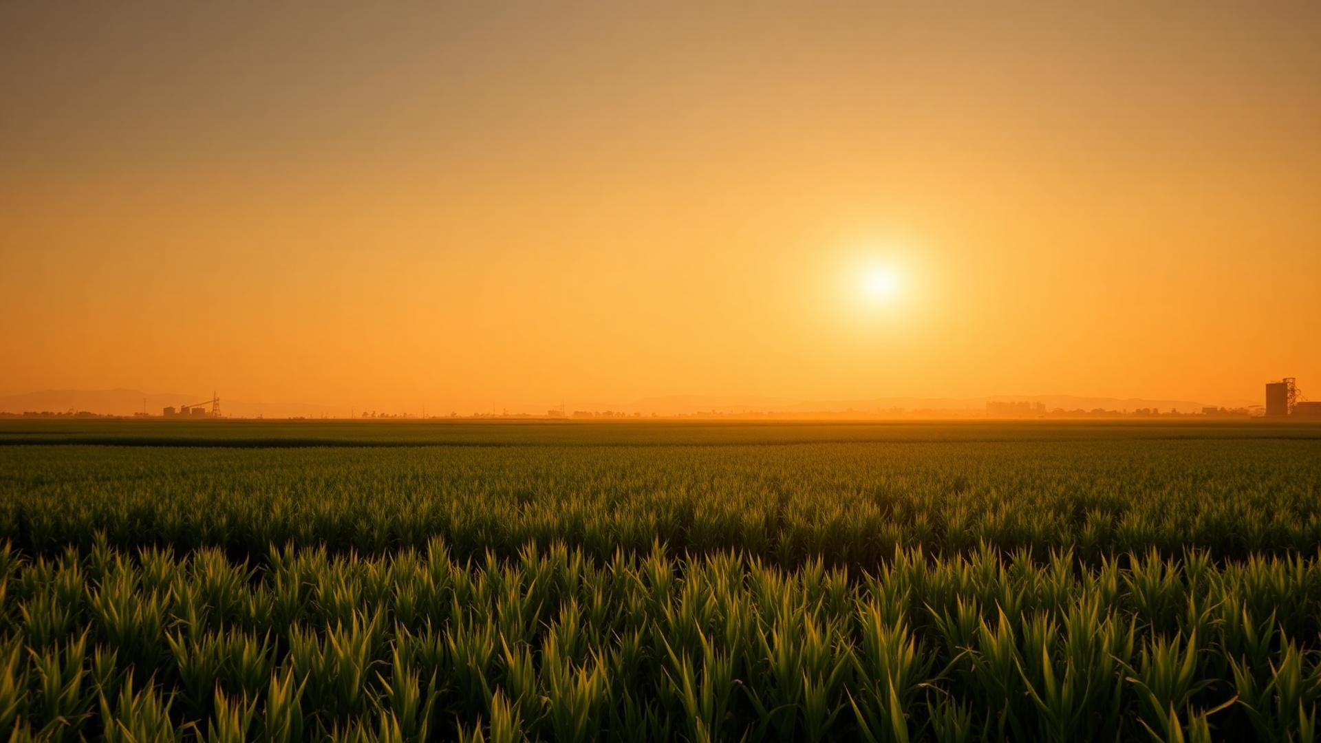 Lavoura ao entardecer com unidade agroindustrial ao fundo